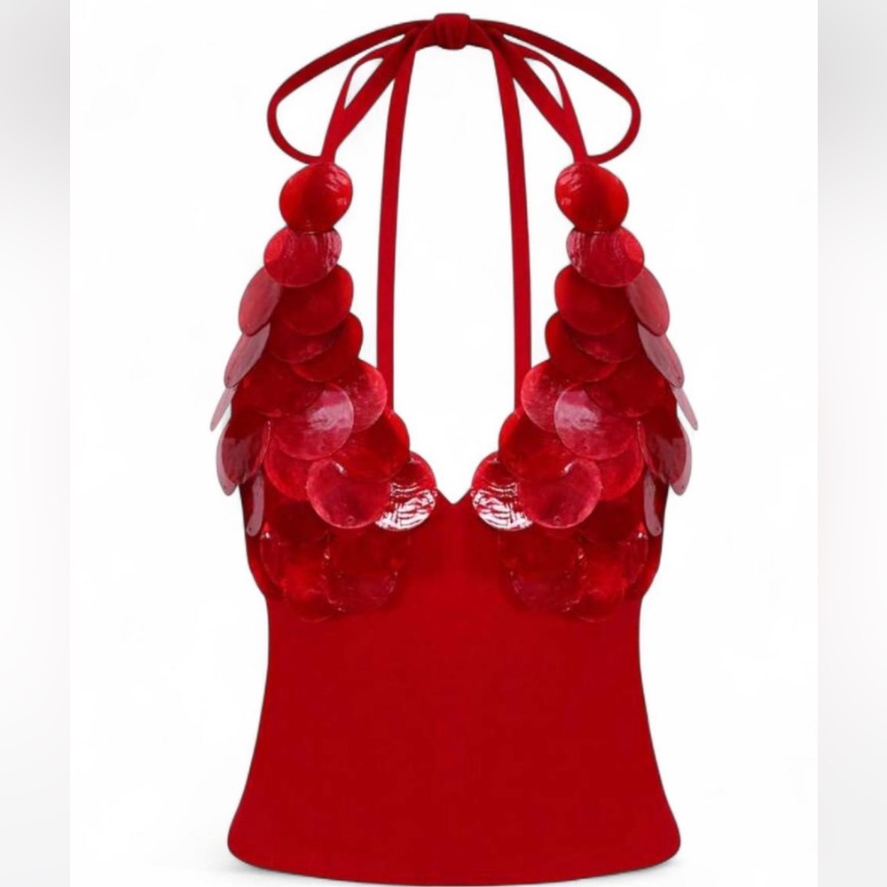 Red Halter Top with Sequin Details